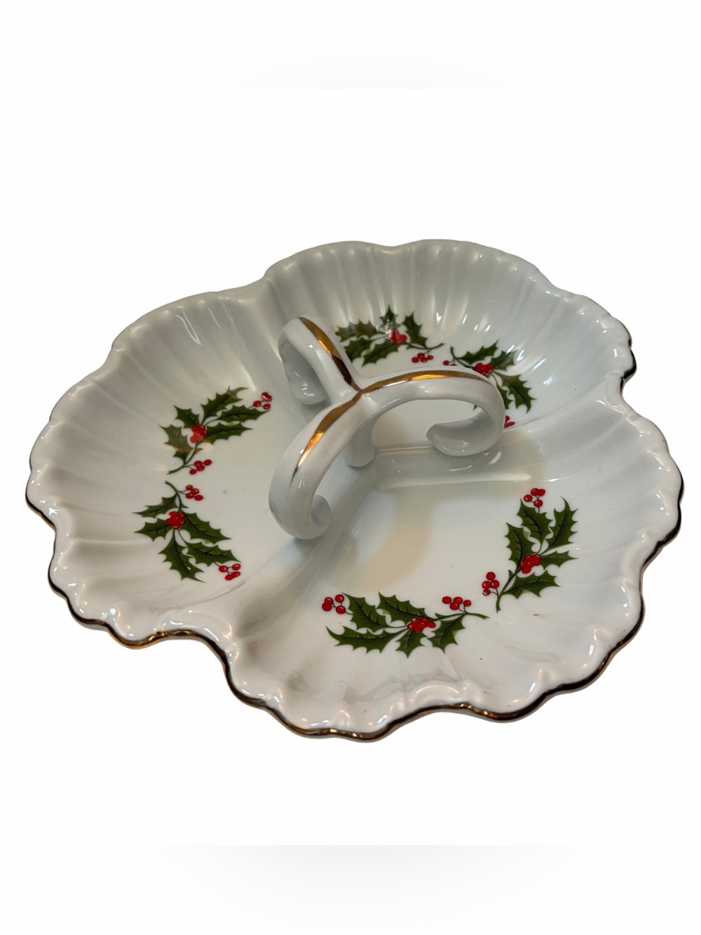 Vintage Macy’s All The Trimmings Christmas Holly 8.5” 3 Section Divided Tray